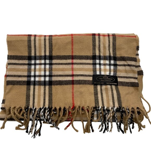 Neutral Plaid 100% Cashmere Scarf With Fringe  Dry Clean Only  Made In Germany - Picture 2 of 5
